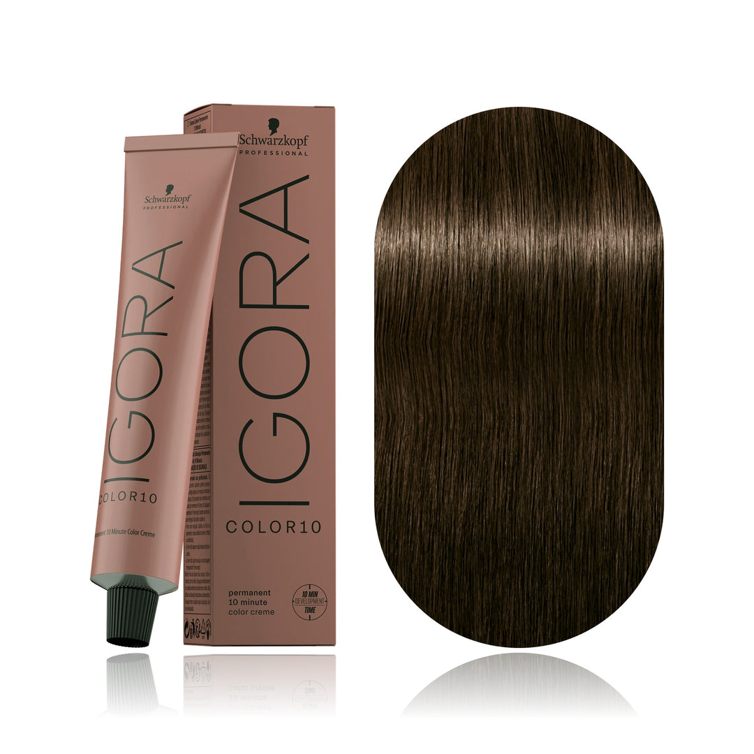Schwarzkopf IGORA Color10 5-0 Light Brown Natural 10-minute permanent hair color tube, box and hair swatch