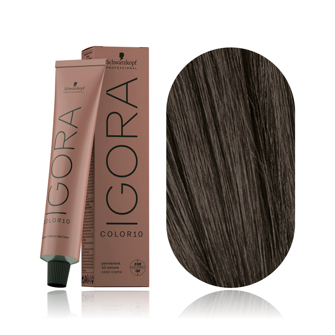 Schwarzkopf IGORA Color10 5-12 Light Brown Cendré Ash 10-minute permanent hair color tube, box and hair swatch