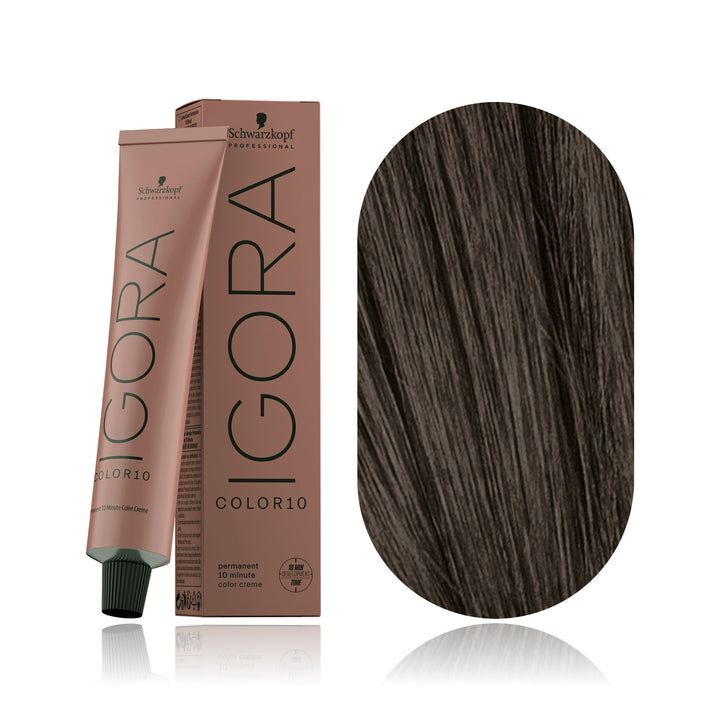 Schwarzkopf IGORA Color10 5-12 Light Brown Cendré Ash 10-minute permanent hair color tube, box and hair swatch