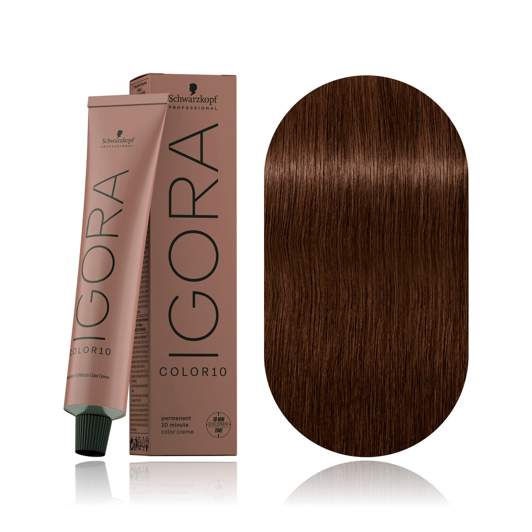 Schwarzkopf IGORA Color10 5-7 Light Brown Copper 10-minute permanent hair color tube, box and hair swatch