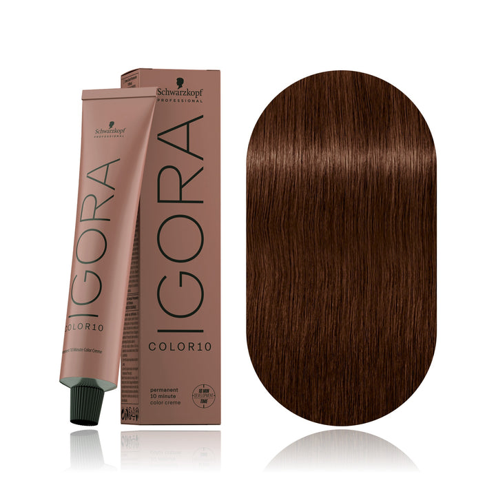 Schwarzkopf IGORA Color10 5-7 Light Brown Copper 10-minute permanent hair color tube, box and hair swatch