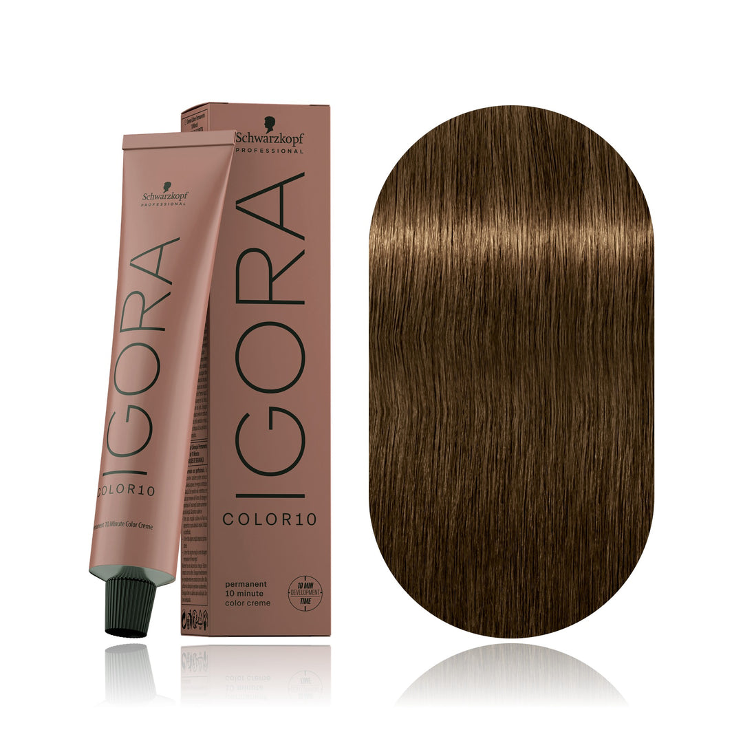 Schwarzkopf IGORA Color10 6-4 Dark Blonde Beige 10-minute permanent hair color tube, box and hair swatch