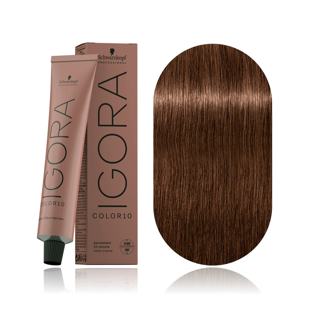 Schwarzkopf IGORA Color10 6-6 Dark Blonde Chocolate 10-minute permanent hair color tube, box and hair swatch