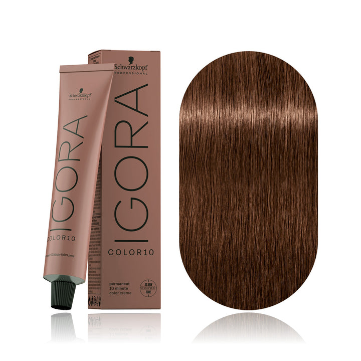 Schwarzkopf IGORA Color10 6-6 Dark Blonde Chocolate 10-minute permanent hair color tube, box and hair swatch