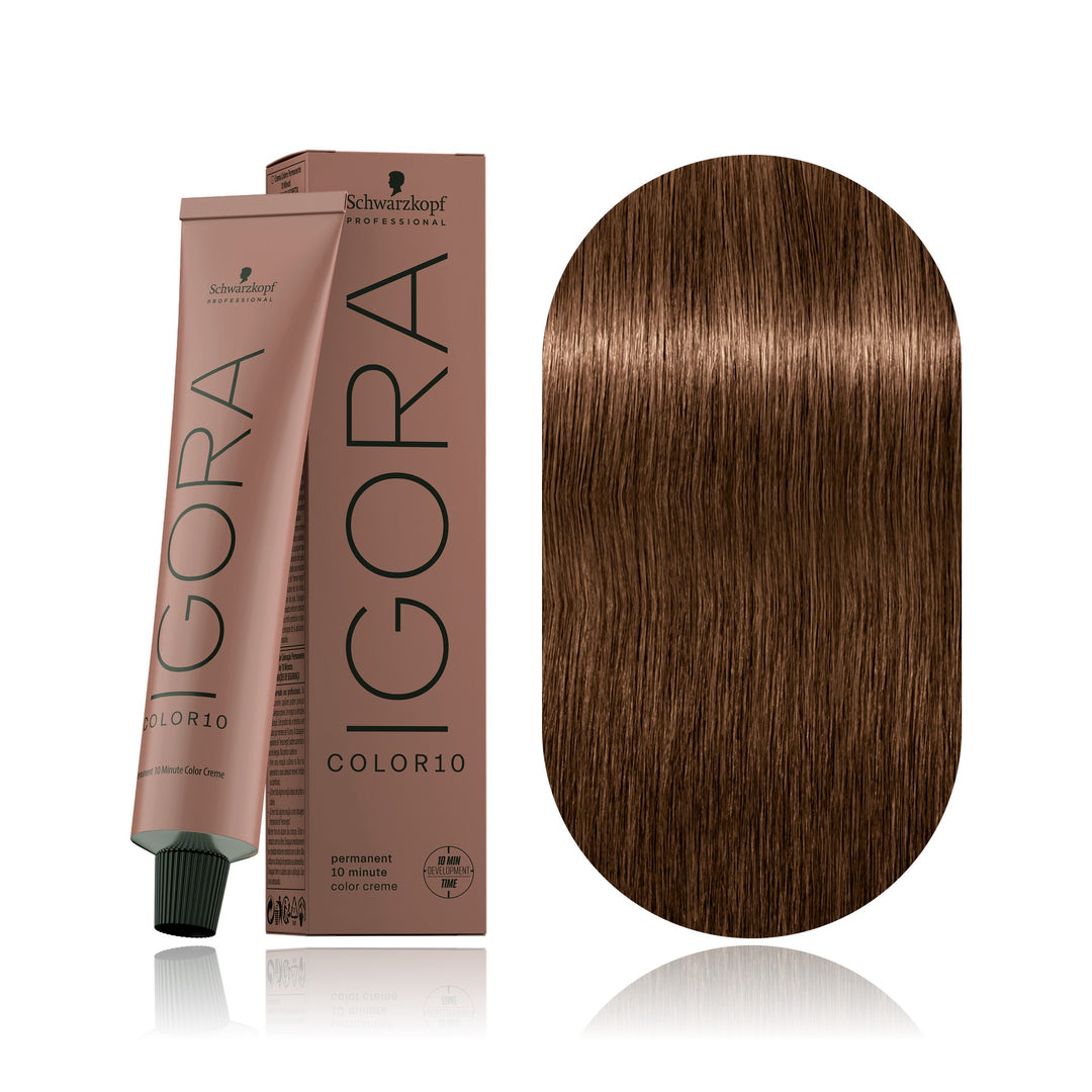 Schwarzkopf IGORA Color10 6-65 Dark Blonde Chocolate Gold 10-minute permanent hair color tube, box and hair swatch