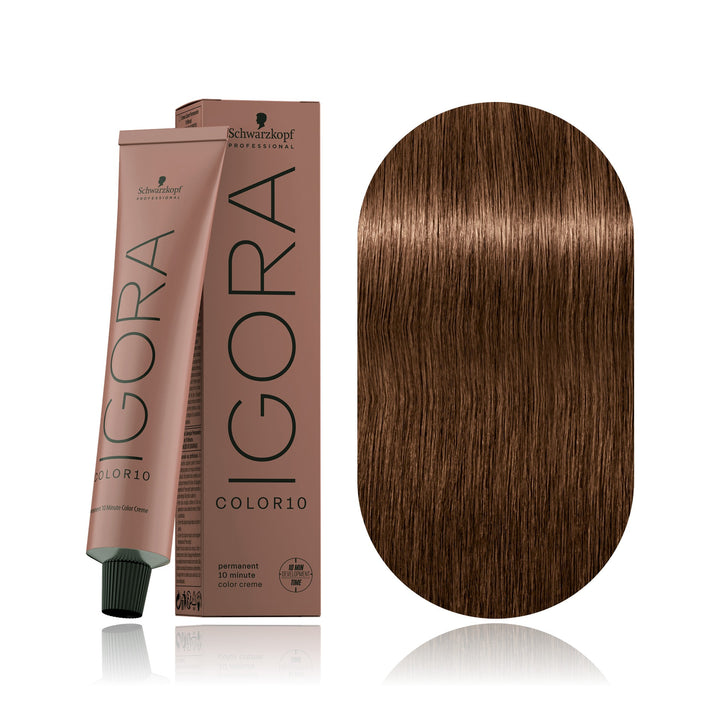 Schwarzkopf IGORA Color10 6-65 Dark Blonde Chocolate Gold 10-minute permanent hair color tube, box and hair swatch