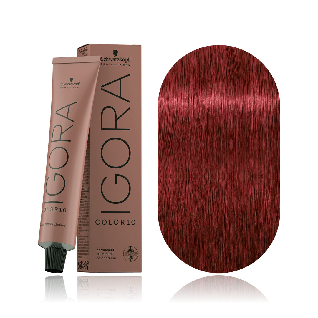 Schwarzkopf IGORA Color10 6-88 Dark Blonde Red Extra 10-minute permanent hair color tube, box and hair swatch