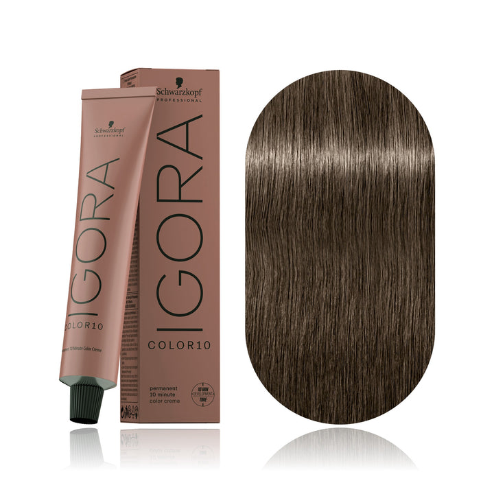 Schwarzkopf IGORA Color10 7-1 Medium Blonde Cendré 10-minute permanent hair color tube, box and hair swatch