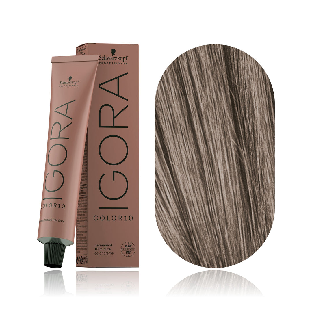 Schwarzkopf IGORA Color10 7-12 Medium Blonde Cendré Ash 10-minute permanent hair color tube, box and hair swatch