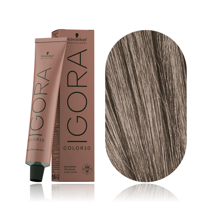 Schwarzkopf IGORA Color10 7-12 Medium Blonde Cendré Ash 10-minute permanent hair color tube, box and hair swatch