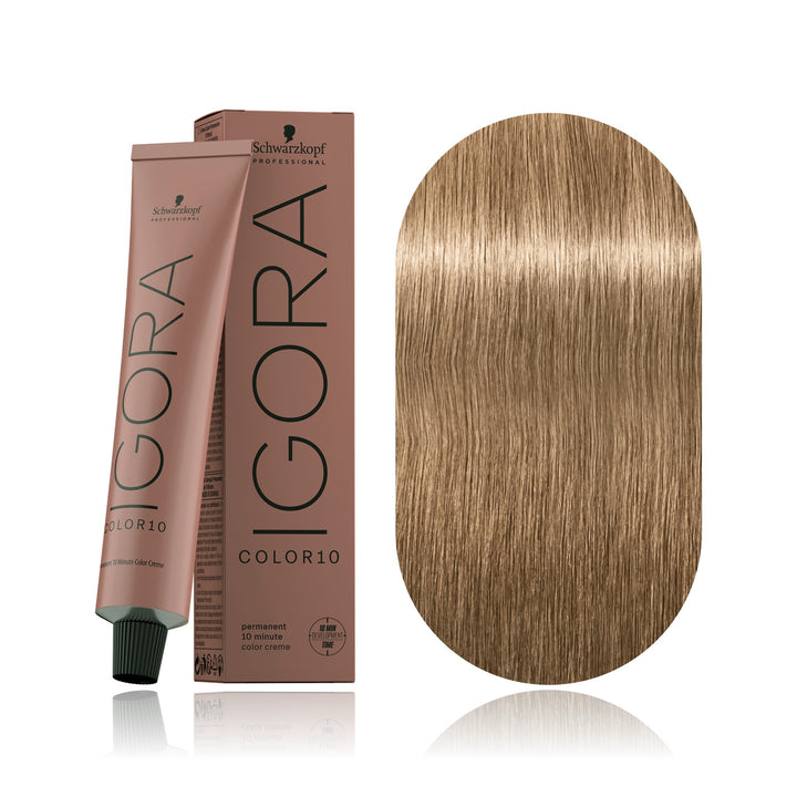 Schwarzkopf IGORA Color10 8-0 Light Blonde Natural 10-minute permanent hair color tube, box and hair swatch