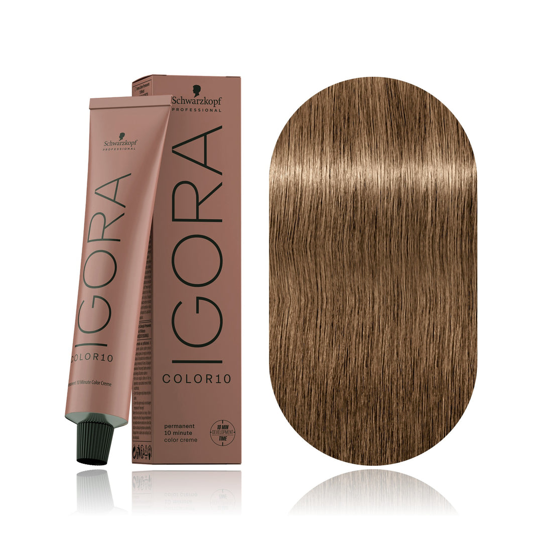Schwarzkopf IGORA Color10 8-00 Light Blonde Natural Extra 10-minute permanent hair color tube, box and hair swatch