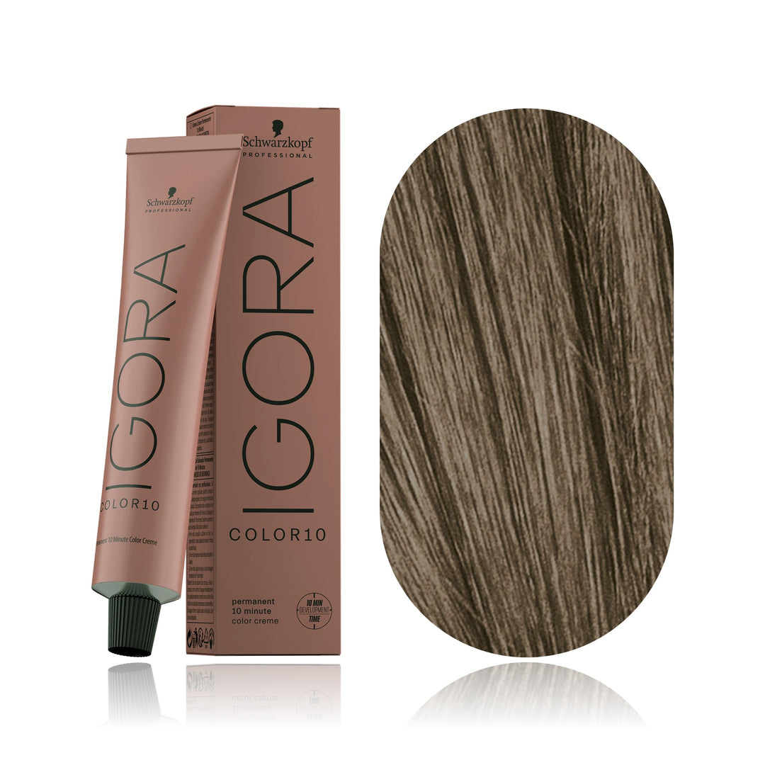 Schwarzkopf IGORA Color10 8-11 Light Blonde Cendré Extra 10-minute permanent hair color tube, box and hair swatch