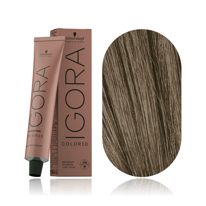 Schwarzkopf IGORA Color10 8-11 Light Blonde Cendré Extra 10-minute permanent hair color tube, box and hair swatch