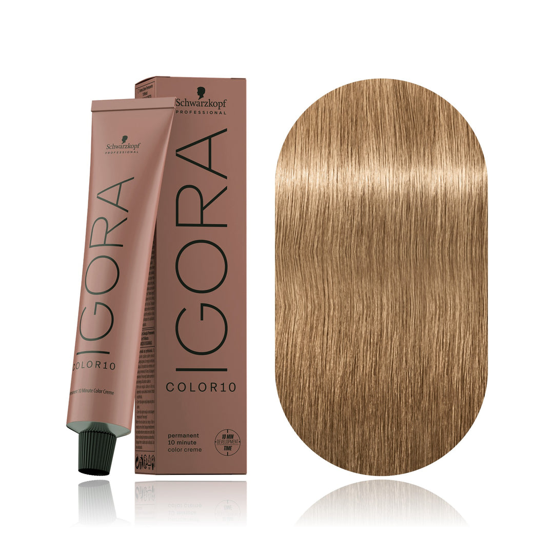 Schwarzkopf IGORA Color10 8-4 Light Blonde Beige 10-minute permanent hair color tube, box and hair swatch