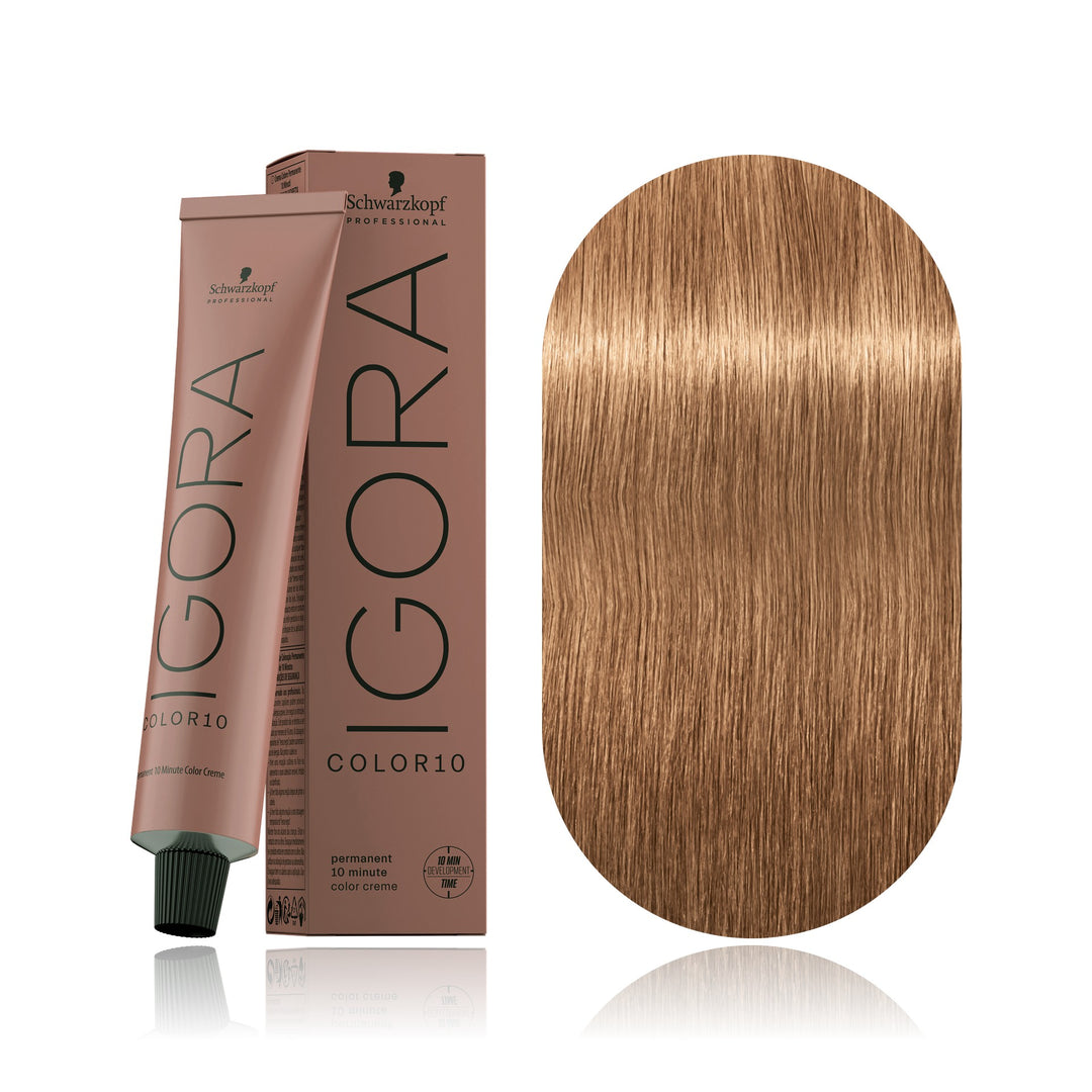 Schwarzkopf IGORA Color10 8-65 Light Blonde Chocolate Gold 10-minute permanent hair color tube, box and hair swatch
