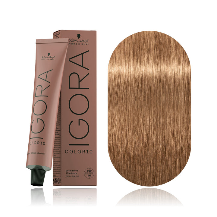 Schwarzkopf IGORA Color10 8-65 Light Blonde Chocolate Gold 10-minute permanent hair color tube, box and hair swatch