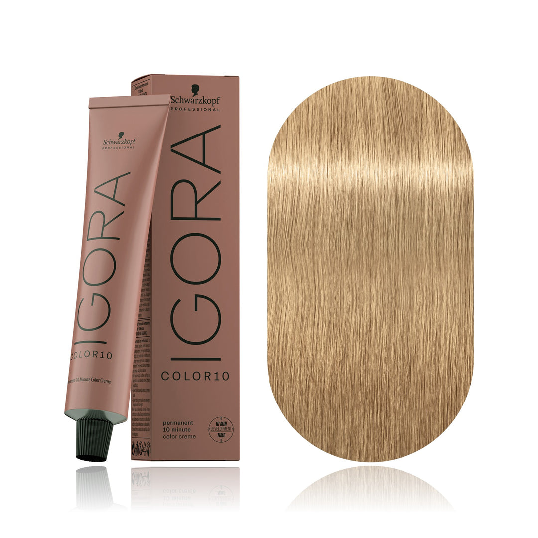 Schwarzkopf IGORA Color10 9-0 Extra Light Blonde Natural 10-minute permanent hair color tube, box and hair swatch