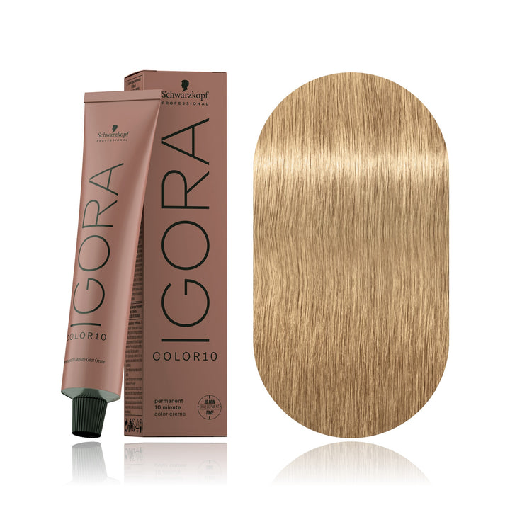 Schwarzkopf IGORA Color10 9-0 Extra Light Blonde Natural 10-minute permanent hair color tube, box and hair swatch