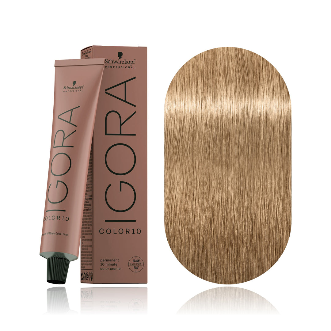 Schwarzkopf IGORA Color10 9-00 Extra Light Blonde Natural Extra 10-minute permanent hair color tube, box and hair swatch