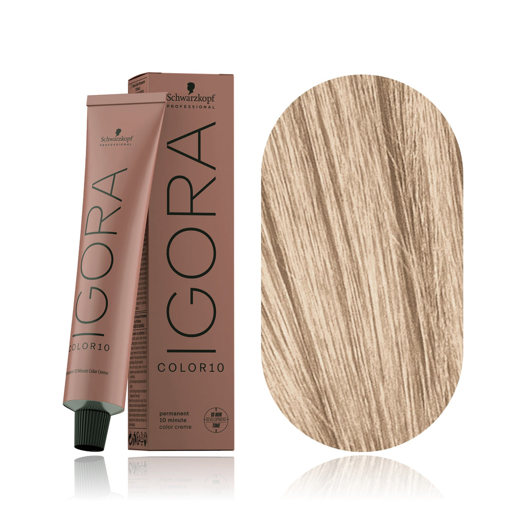 Schwarzkopf IGORA Color10 9-12 Extra Light Blonde Cendré Ash 10-minute permanent hair color tube, box and hair swatch