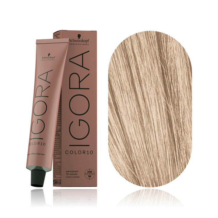 Schwarzkopf IGORA Color10 9-12 Extra Light Blonde Cendré Ash 10-minute permanent hair color tube, box and hair swatch