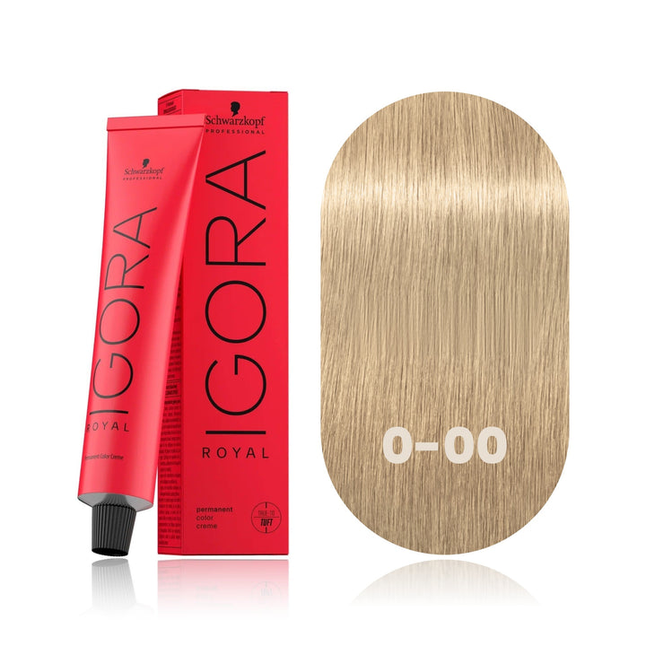 Schwarzkopf IGORA Royal 0-00 Diluter permanent hair color tube, box and hair swatch