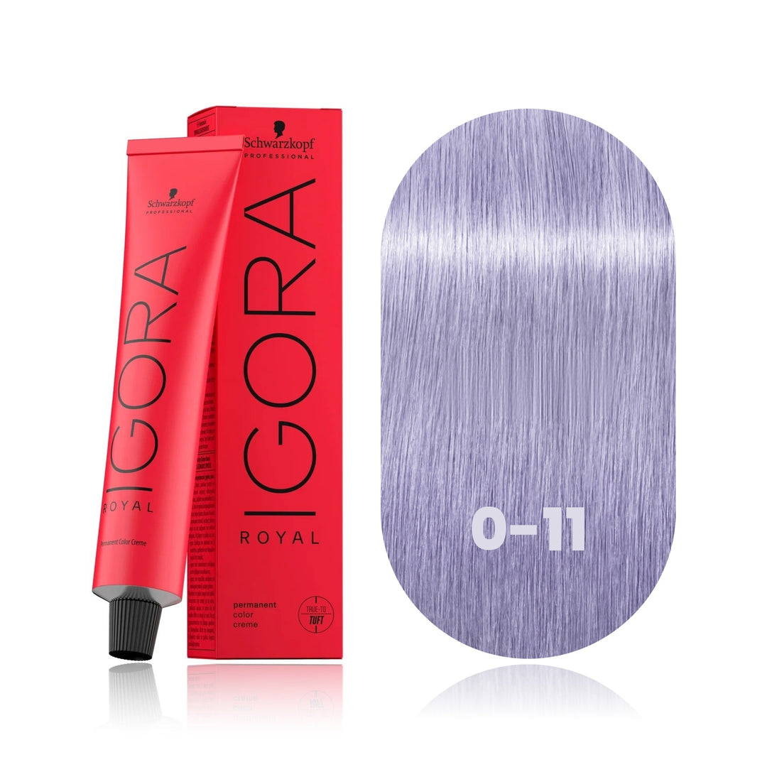 Schwarzkopf IGORA Royal 0-11 Anti-Yellow Concentrate permanent hair color tube, box and hair swatch