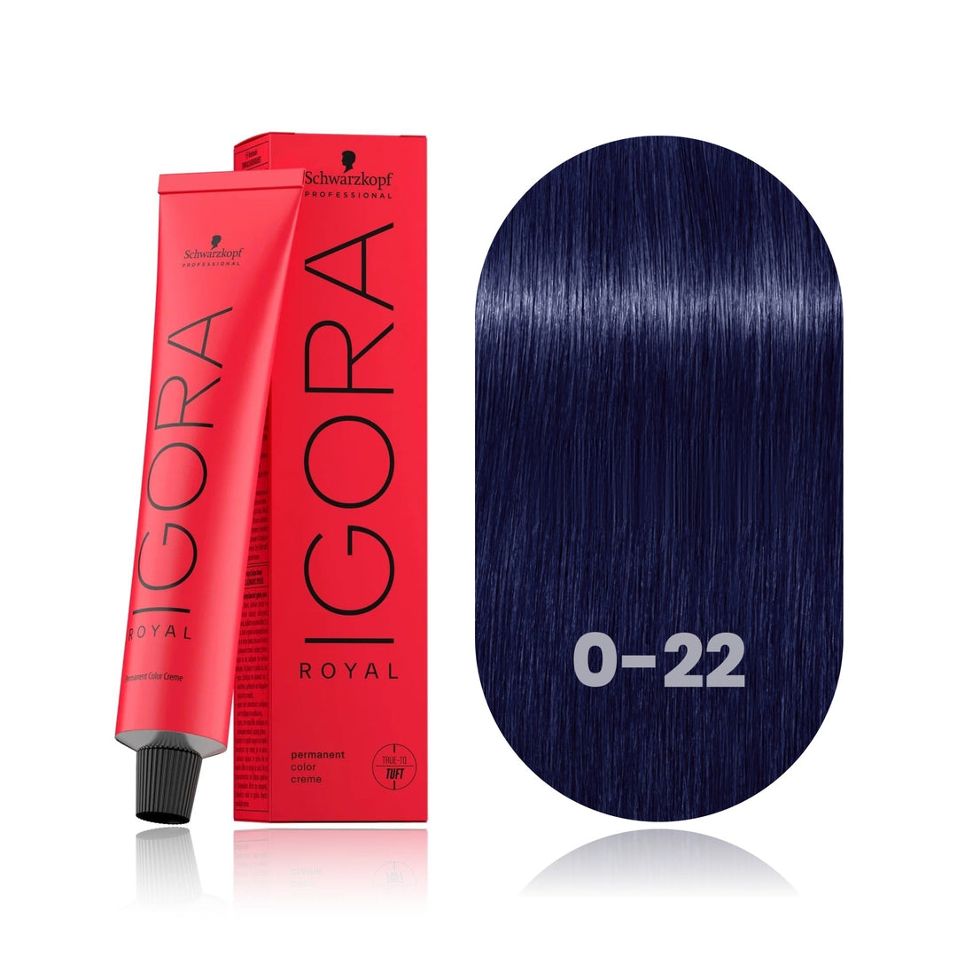 Schwarzkopf IGORA Royal 0-22 Anti-Orange Concentrate permanent hair color tube, box and hair swatch