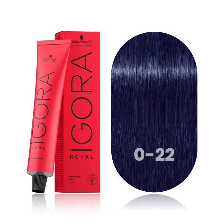Schwarzkopf IGORA Royal 0-22 Anti-Orange Concentrate permanent hair color tube, box and hair swatch