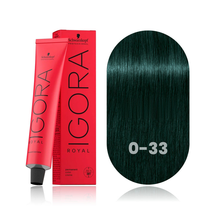 Schwarzkopf IGORA Royal 0-33 Anti-Red Concentrate permanent hair color tube, box and hair swatch