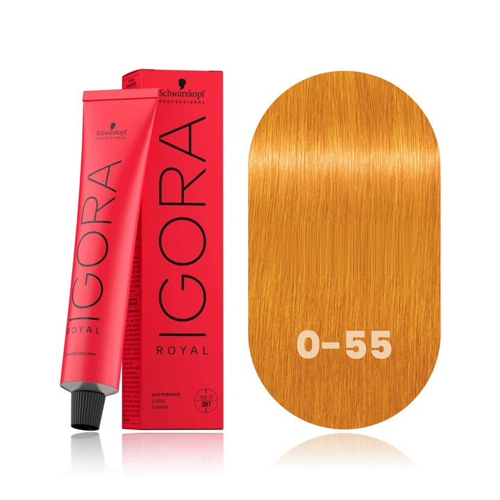 Schwarzkopf IGORA Royal 0-55 Gold Concentrate permanent hair color tube, box and hair swatch
