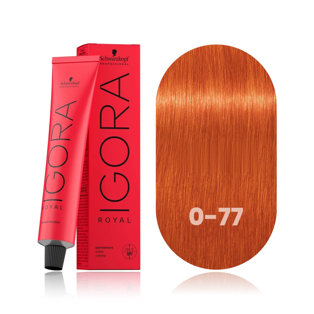 Schwarzkopf IGORA Royal 0-77 Copper Concentrate permanent hair color tube, box and hair swatch