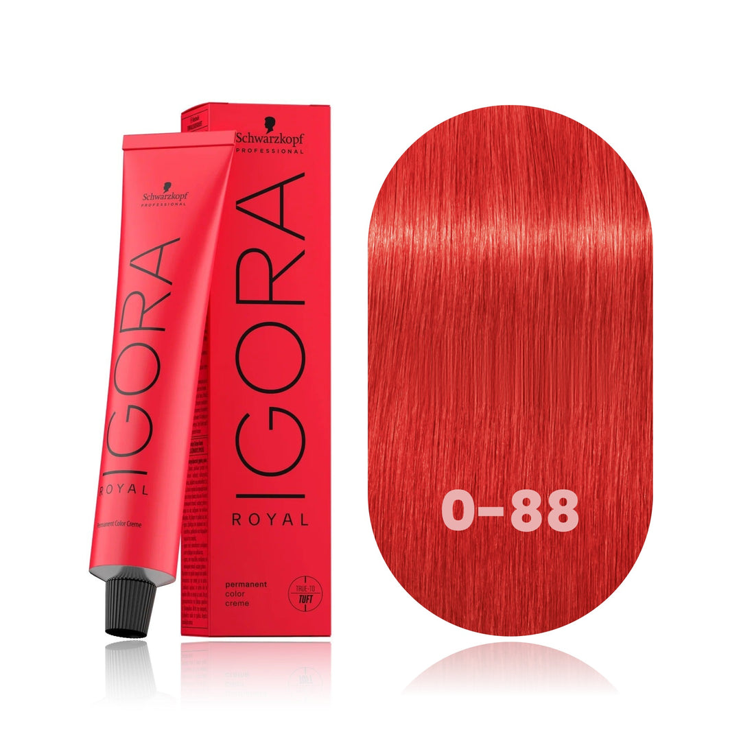 Schwarzkopf IGORA Royal 0-88 Red Concentrate permanent hair color tube, box and hair swatch