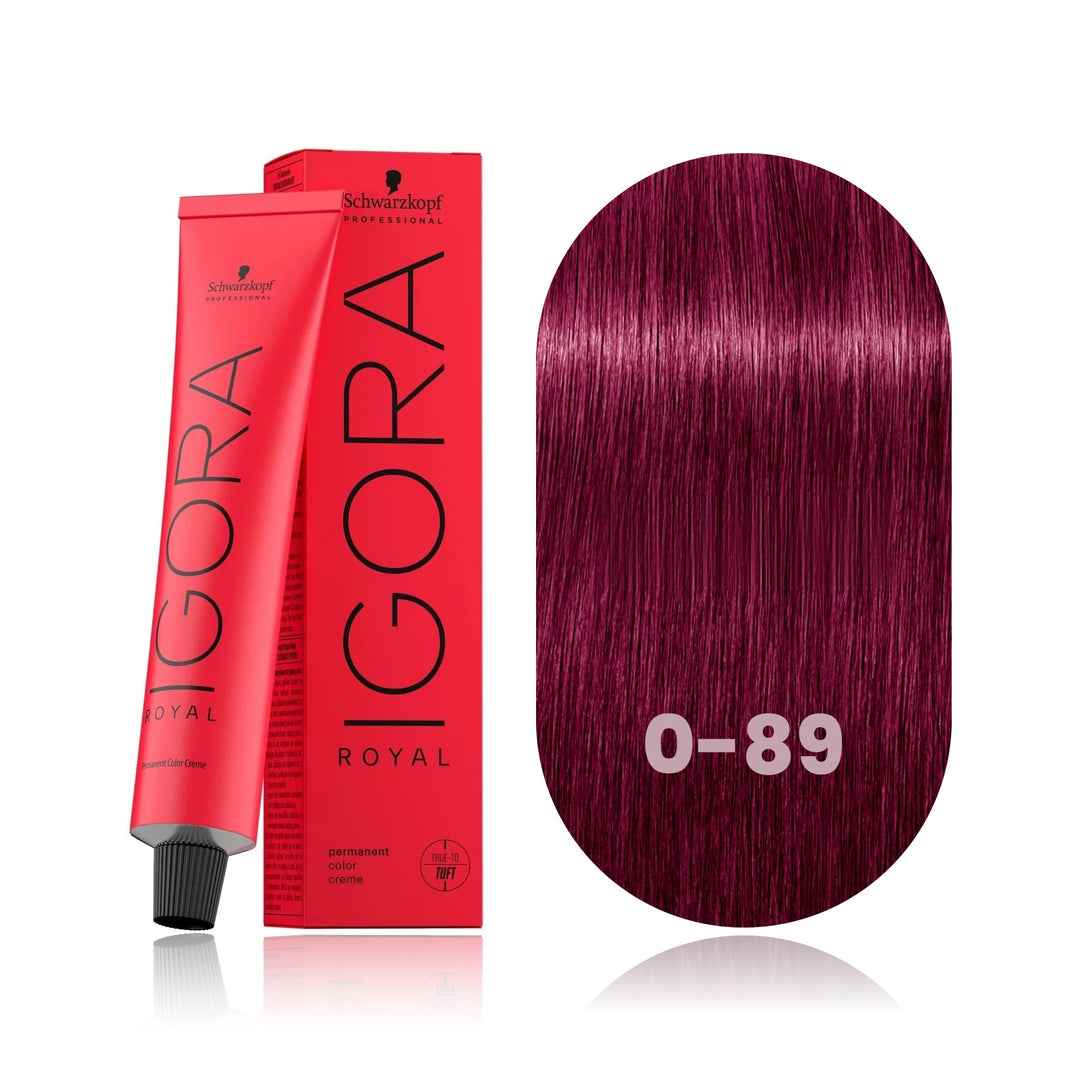 Schwarzkopf IGORA Royal 0-89 Red Violet Concentrate permanent hair color tube, box and hair swatch