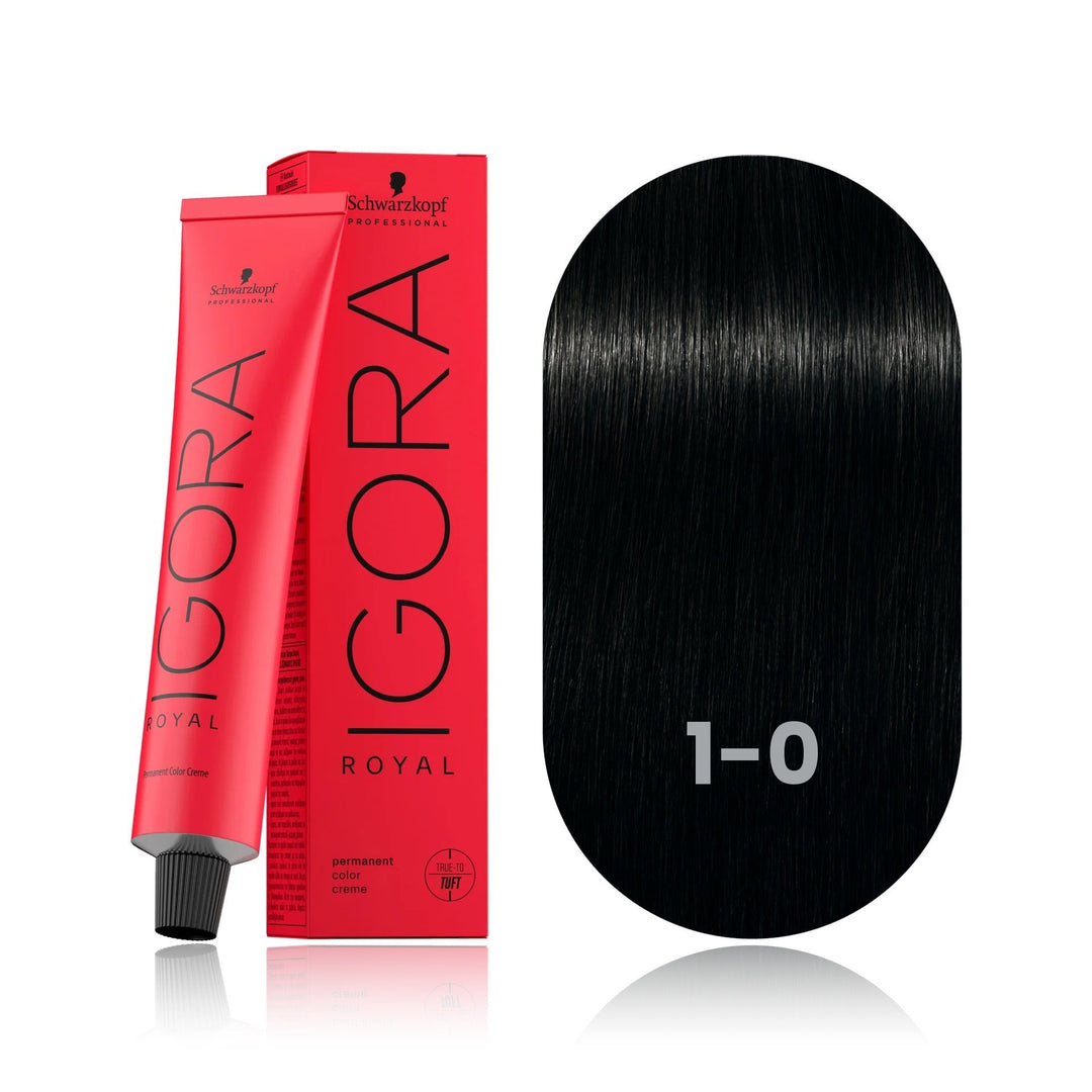 Schwarzkopf IGORA Royal 1-0 Black permanent hair color tube, box and hair swatch