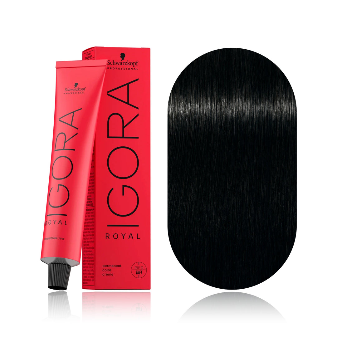 Schwarzkopf IGORA Royal 1-0 Black permanent hair color tube, box and hair swatch