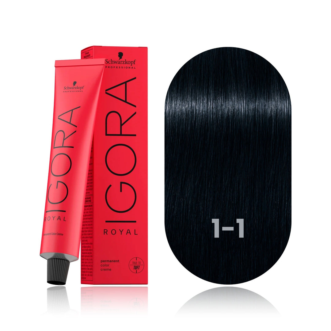 Schwarzkopf IGORA Royal 1-1 Black Cendré permanent hair color tube, box and hair swatch