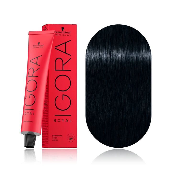 Schwarzkopf IGORA Royal 1-1 Black Cendré permanent hair color tube, box and hair swatch