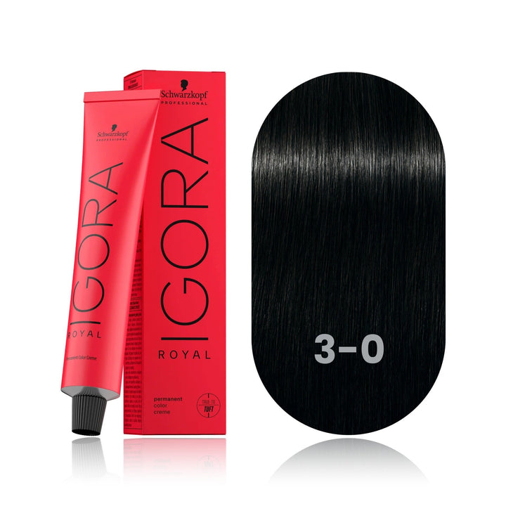 Schwarzkopf IGORA Royal 3-0 Dark Brown permanent hair color tube, box and hair swatch