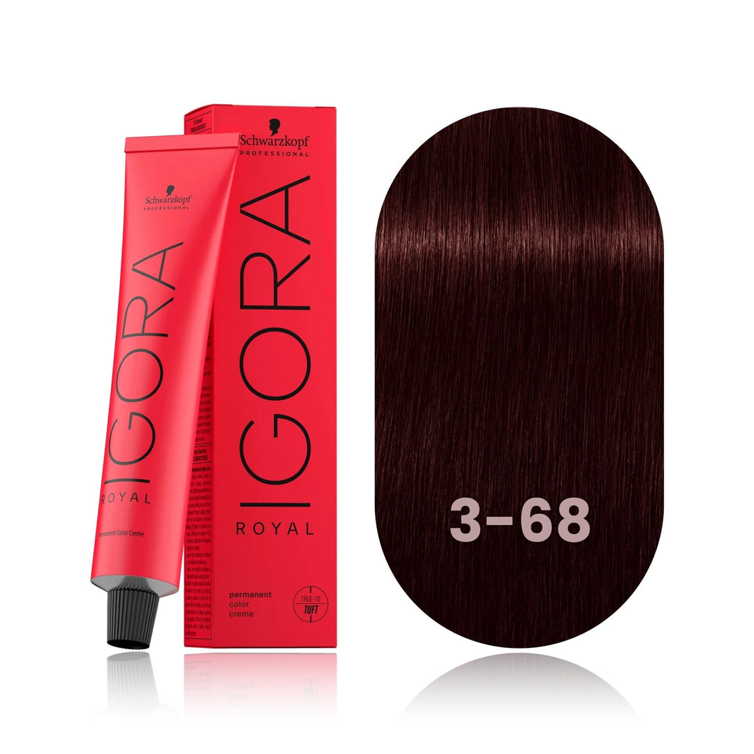 Schwarzkopf IGORA Royal 3-68 Dark Brown Chocolate Red permanent hair color tube, box and hair swatch