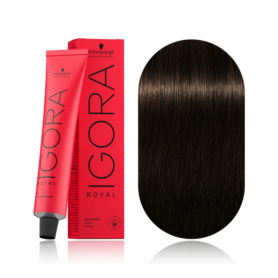 Schwarzkopf IGORA Royal 4-0 Medium Brown permanent hair color tube, box and hair swatch