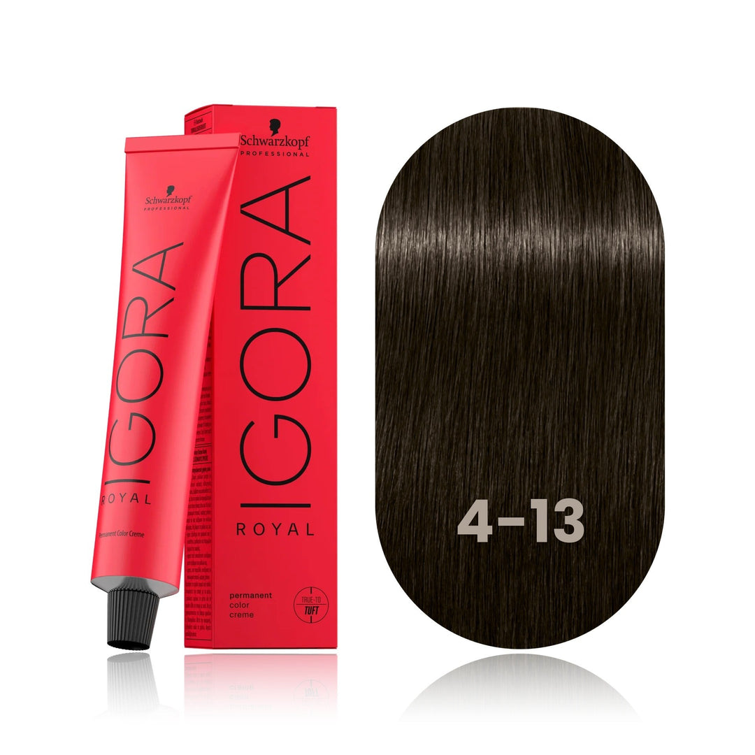 Schwarzkopf IGORA Royal 4-13 Medium Brown Cendré Matte permanent hair color tube, box and hair swatch