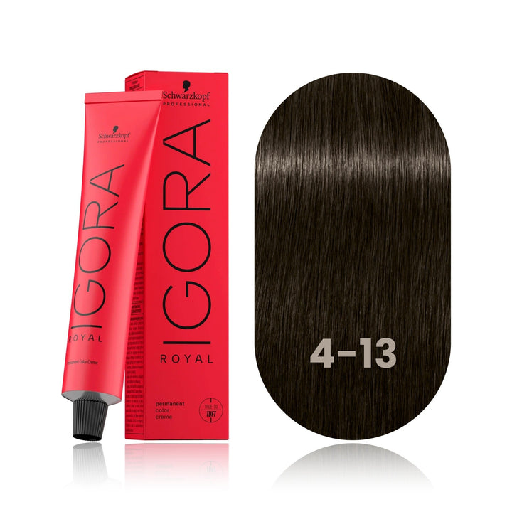 Schwarzkopf IGORA Royal 4-13 Medium Brown Cendré Matte permanent hair color tube, box and hair swatch