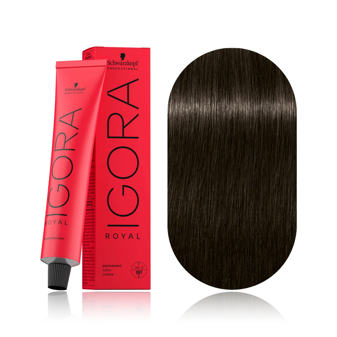 Schwarzkopf IGORA Royal 4-13 Medium Brown Cendré Matte permanent hair color tube, box and hair swatch