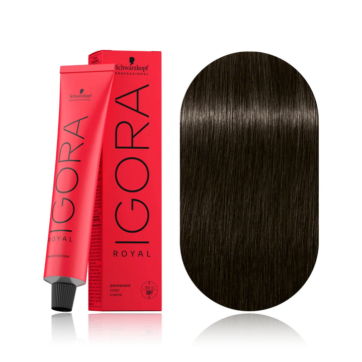Schwarzkopf IGORA Royal 4-13 Medium Brown Cendré Matte permanent hair color tube, box and hair swatch