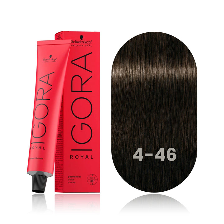 Schwarzkopf IGORA Royal 4-46 Medium Brown Beige Chocolate permanent hair color tube, box and hair swatch
