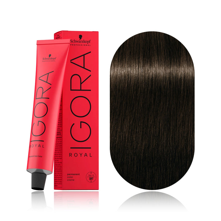 Schwarzkopf IGORA Royal 4-46 Medium Brown Beige Chocolate permanent hair color tube, box and hair swatch