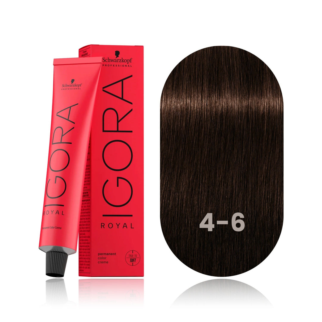 Schwarzkopf IGORA Royal 4-6 Medium Brown Chocolate permanent hair color tube, box and hair swatch