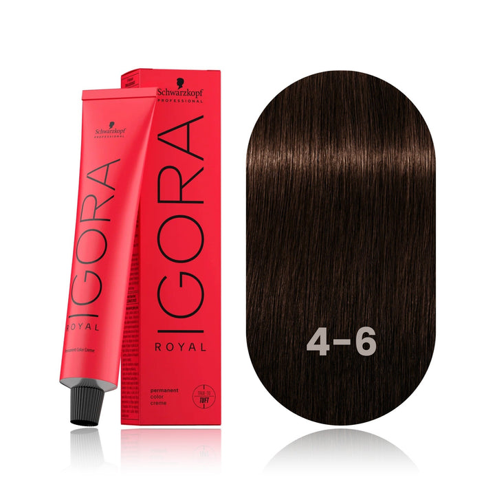 Schwarzkopf IGORA Royal 4-6 Medium Brown Chocolate permanent hair color tube, box and hair swatch